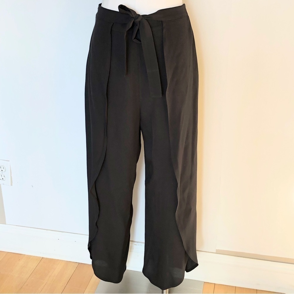 black crepe Beach Cover up front tie side slit flowy Summer pants M
